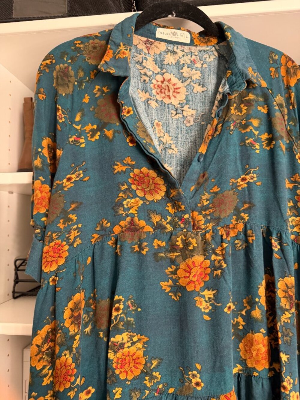 Natural Life Floral Patchwork Maxi Shirt Dress Teal Rust Size L - Picture 3 of 5
